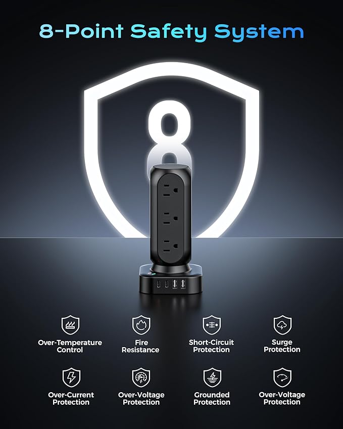 Tower Surge Protector Power Strip, Flat Plug 10FT Extension Cord with Multiple Outlets, 12 AC Outlets & 8 USB Ports, 24W Outlet Extender Overload Protection for Home Office Room