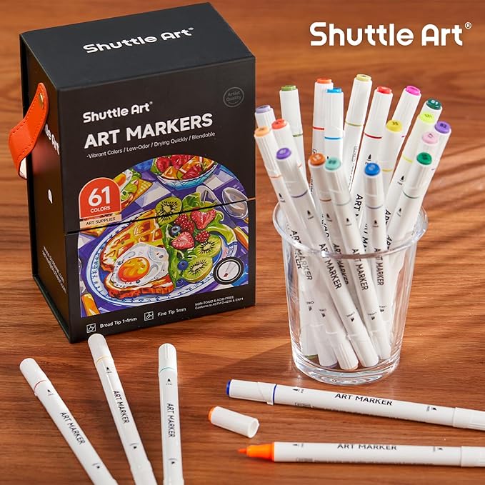 Shuttle Art 61 Colors Alcohol Markers, 60 Colors Dual Tip Art Marker Set Plus 1 Colorless Blender with Marker Case Perfect for Illustration Students Adult Coloring Sketching