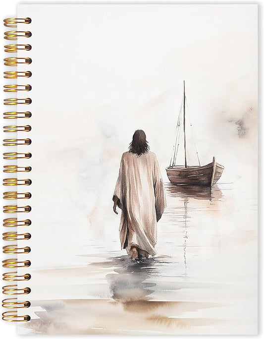 Qabliqo Watercolor Christian Jesus Spiral Notebooks, Jesus Walking on Water Journals for Writing, Prayer Journal, Christian Gifts for Women Men, Religious Notebook for Note Taking, 5.5x8.3 Inch