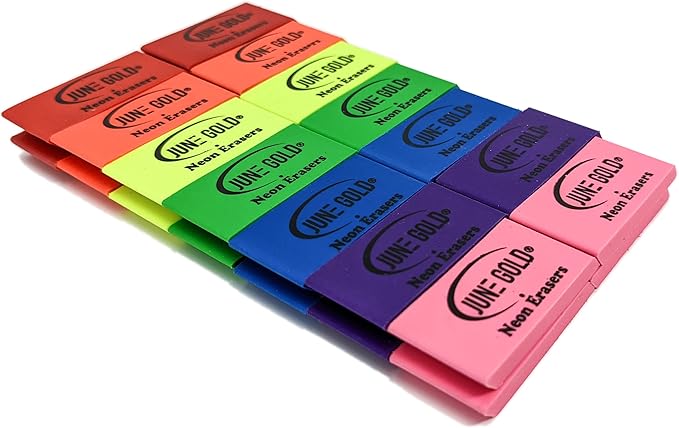 June Gold 28 Neon Colored Rubber Erasers - These All-Purpose erasers are Perfect for classrooms, Homes & Offices