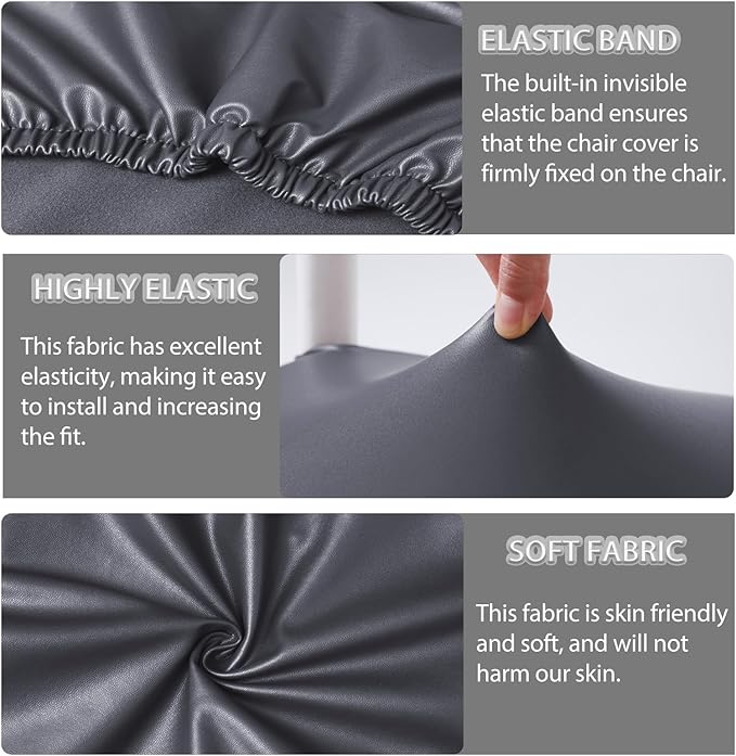 CWK Waterproof PU Leather Dining Chair Covers Set of 4-Stretchable Chair Seat Slipcovers, Removable & Washable Protector for Dining Room,Home,Office,Wedding,Rear Covers (PU-Grey)