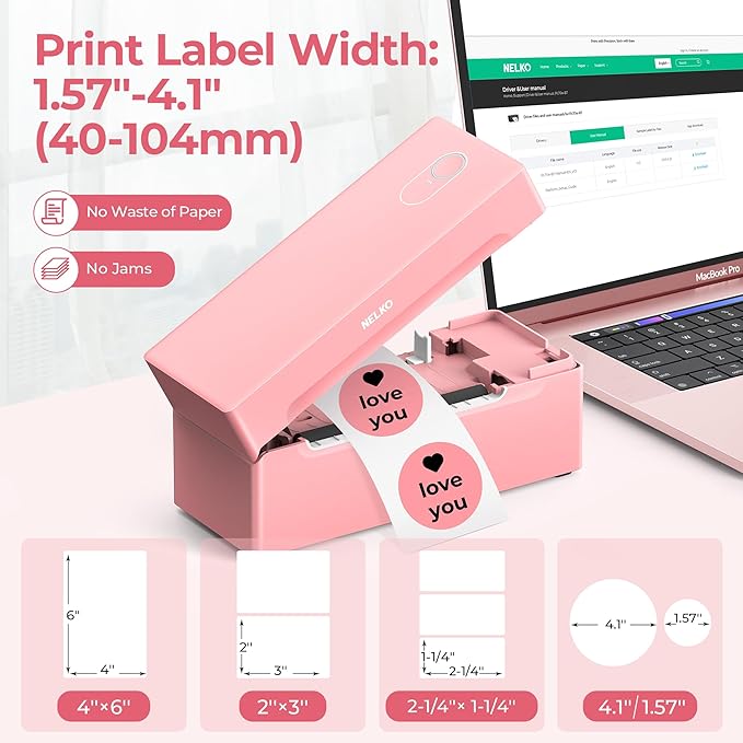 Nelko Bluetooth Thermal Shipping Label Printer, Wireless 4x6 Shipping Label Printer for Small Business, Support Android, iPhone and Windows, Widely Used for Amazon, Ebay, Shopify, USPS(Pink)