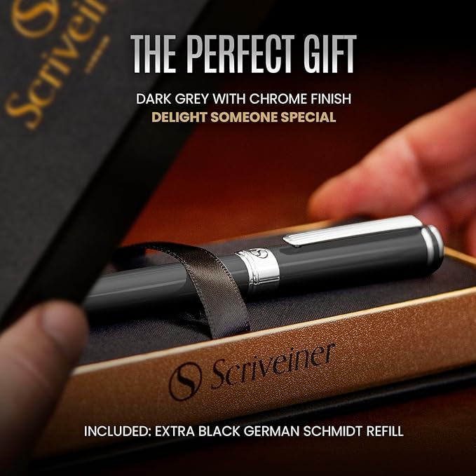 Scriveiner Dark Grey Rollerball Pen - Stunning Luxury Pen With Chrome Finish, Schmidt Ink Refill, Best Roller Ball Gift Set for Men & Women, Professional, Executive Office, Nice Pens