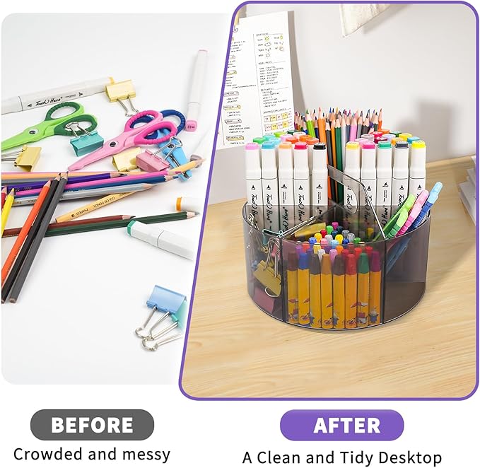 Acrylic Pen Organizer, 360 Degree Rotating Desk Organizer with 6 Compartments Crayon Holder for Office, School, Home, Art Supply, Grey