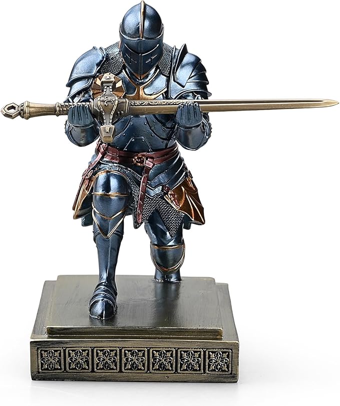 Medieval Armored Warrior Knight Pen Holder Desk Organizers and Accessories Resin Pencil Holder Paperweight as Gift with a Cool Letter Opener for Desk (Blue)
