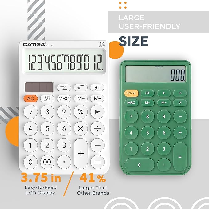 CATIGA 12 Digit Desktop Calculator Basic Desk Calculator with Large LCD Display, Big Buttons, 4 Function, Solar and Battery Dual Power, for Office, School, Home, SD-1292 White
