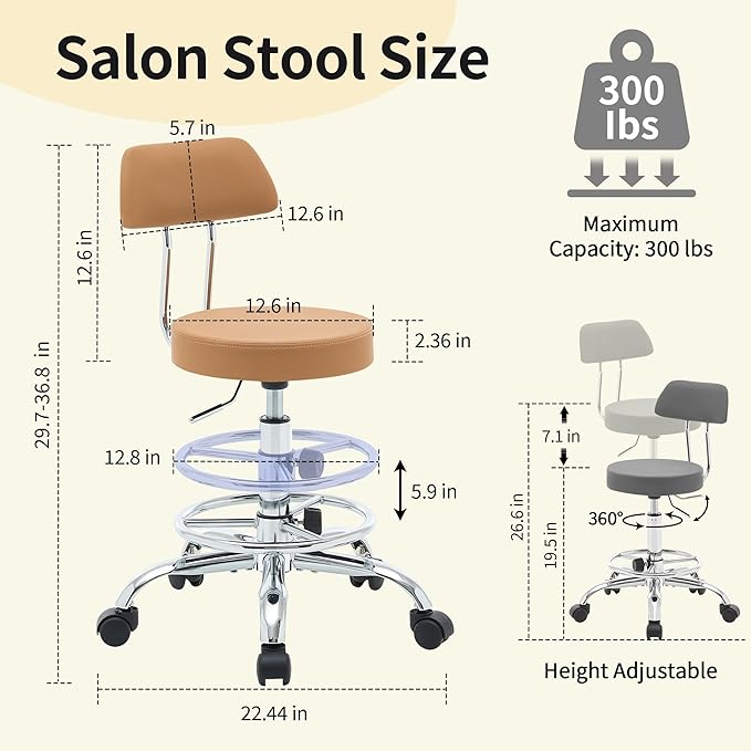 Rolling Stool with Back, Adjustable Tattoo Rolling Chair 19.5’’-26.6’’, Camel Brown Hairstylist Stool with Wheels (Camel Brown)
