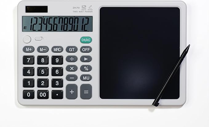 Desk Calculator Large Display with 7'' Erasable Writing Pad, 12 Digits Large Screen Display Jumbo Calculadora, Solar & Battery Powered Big Button Calculators for Business Office School, White