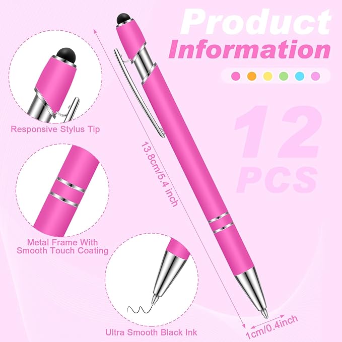 Tenare 12 Pieces 2 in 1 Stylus Metal Ballpoint Pen with Stylus Tip, 1.0 mm Black Ink Ballpoint Pen for Touch Screens(Light Color)