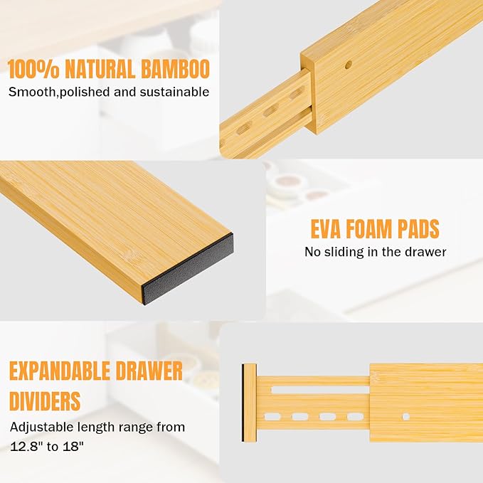 Bamboo Drawer Dividers 4" High, 12.8-18" Adjustable Drawer Organizers for Clothes,Expandable Dresser Separators in Bedroom/Kitchen/Bathroom/Office Organization and Storage,2 Pack