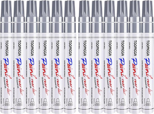 Silver Paint Pens Paint Markers - 12 Pack Permanent Markers Oil Based for Metal Wood, Pens for Metal, Car Tyre, Wood, Plastic, Rock Painting, Glass, Craft Supplies, Waterproof