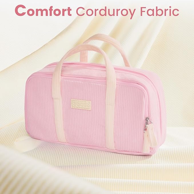 Sooez Large Pencil Case Pouch, Extra Big Pencil Bag with 5 Compartments, Pen Case Wide Opening, Soft Corduroy Pen Bag Organizer with Zipper, Cute Aesthetic School Supplies for Teen Girls, Brown