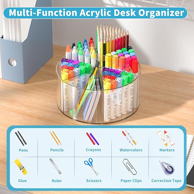 Rotating Art Supply Organizer 2 Pcs - Clear Marker & Colored Pencil Organizer with Acrylic Lazy Susan Desktop Holder