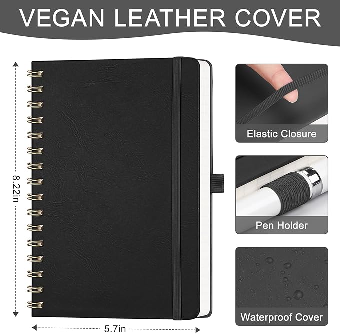 AHGXG Lined Spiral Notebook Journal for Women, 140 Pages Hardcover Leather Notebook College Ruled, A5 5.7" x 8.3", 100 GSM Thick Paper, Notebooks for School Work, Journals for Writing, Black