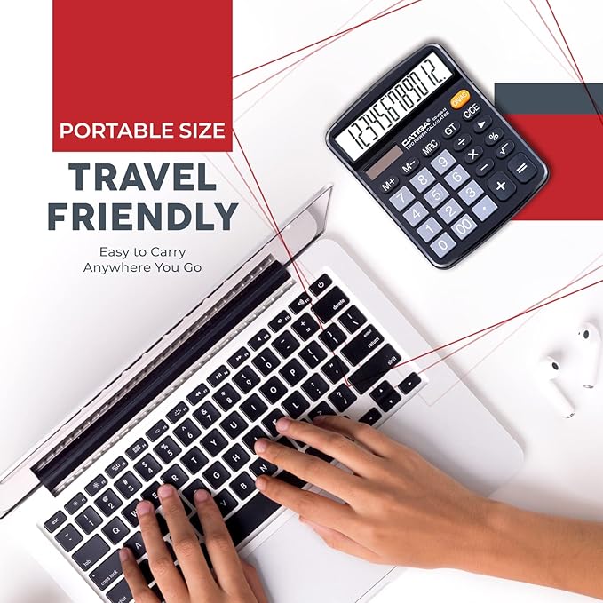 CATIGA Desktop Calculator (2 Pack) 12 Digit with Large LCD Display and Sensitive Button, Solar and Battery Dual Power, Standard Function for Office, Home, School, CD-2786 (2 Black)