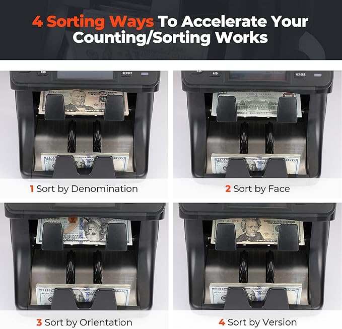 MUNBYN 2-Pocket Money Counter Machine Mixed Denomination, Money Sorter, Built-in Printer, Sort on DENOM/FACE/ORI, Value Counting, 2 CIS/UV/MG/IR Counterfeit Detection, Touch Screen, 2Y Protection