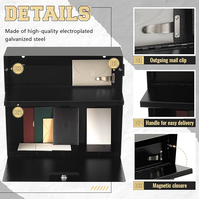 Extra Large Wall Mount Mailboxes for Outside 18 x 16.5 x 7 Inches Locking Security Mail Box Galvanized Steel Wall Mailbox Large Capacity Post Box with Key Lock and Reflective Stickers(Black)