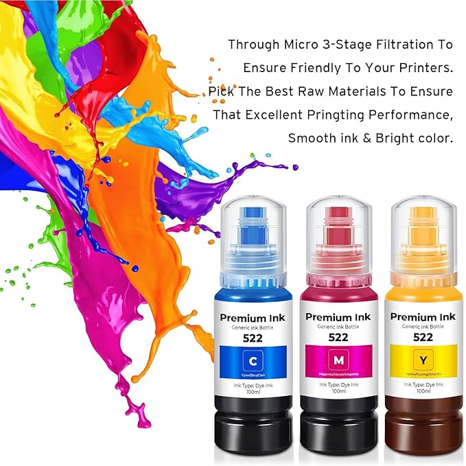 Printers Jack 522 Ink Refill Ink Bottle Kit Compatiable with T522 and Supertank ET-2800 ET-4700 ET-4800 ET-2710 ET-2720, ET-2803 Printer, (2BK C M Y)