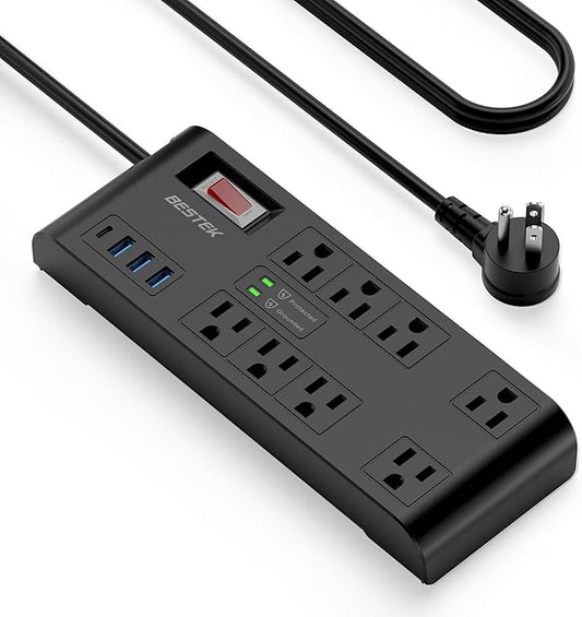 BESTEK 4,000 Joules Surge Protector with USB,6 Feet Extension Cord Power Strip with 8 AC Outlets 15A 1875W,5V 4.2A 4 USB Charging Ports Desktop Charging Station,Wide Spaced Outlet for Large Plug,Black