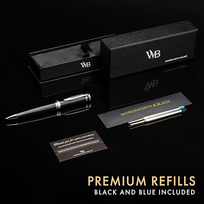 Wordsworth and Black Ballpoint Pen Black Lacquer- Stunning Luxury Pen Chrome Finish, Ink Refill, Best Gift Set for Men & Women, Refillable, Elegant, Nice Pens, Fine Point