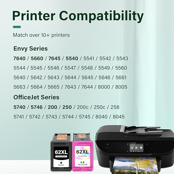 62XL 62 Ink Cartridges Black and Color Combo Pack Remanufactured Replacement for HP 62XL 62 Ink Envy 7640 5660 5540 7645 5740 5746 OfficeJet 250 200 Printer,Black,Tri-Color,2-Pack
