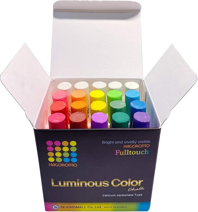 Hagoromo Fulltouch Colored Chalk Non-Toxic - 1 Box, Dustless Fulltouch and Luminous Color Set Washable Chalks for Kids, Sidewalks, Chalkboards, Blackboards [20 Pcs/16 Color Mix]