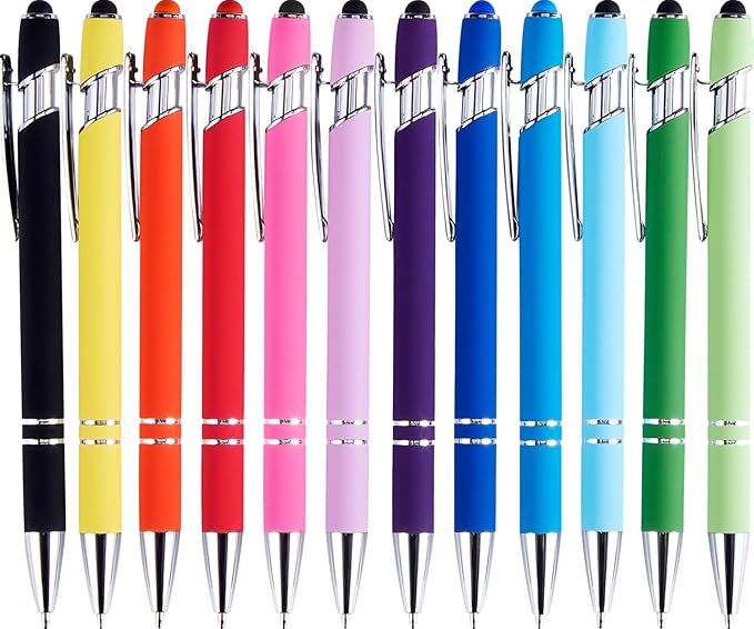 LINFANC 12 Pack Ballpoint Pen with Stylus Tip, 1.0 mm Black Ink Smooth Writing Pens, Metal Stylus Pens for Touch Screens