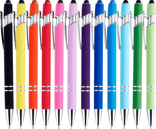 LINFANC 12 Pack Ballpoint Pen with Stylus Tip, 1.0 mm Black Ink Smooth Writing Pens, Metal Stylus Pens for Touch Screens