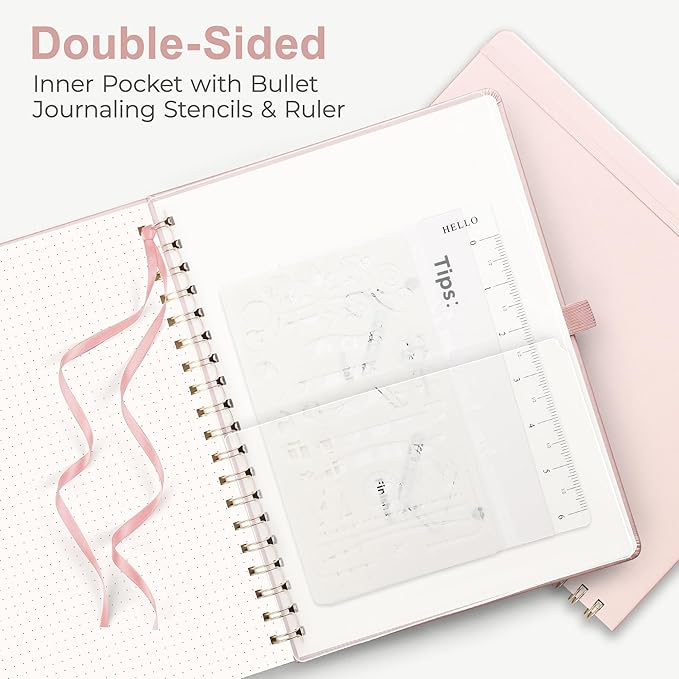 RETTACY Bullet Dotted Journal Notebook, 110 Pages, A4 Large Size (8.5" × 11"), Leather Hardcover, 100 GSM Thick Paper, Spiral-bound, for Bullet Journaling, Planning, Tracking (Rose Gold)