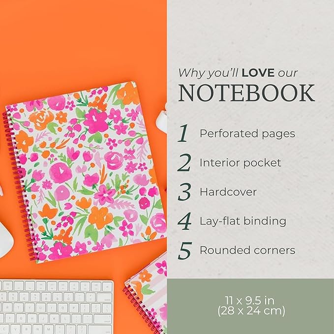Steel Mill & Co Cute Large Spiral Notebook College Ruled, 11" x 9.5" with Durable Hardcover and 160 Lined Pages (Watercolor Flowers)