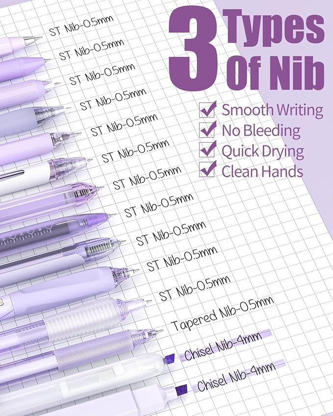 Four Candies 14Pack Pastel Gel Ink Pen Set,Cute Retractable 0.5mm Fine Point Pen,11 Pack Black Ink and 1 Pc Purple Ink Pens with 2Pcs Highlighter for School, Office, Mothers Day Gifts(Purple)