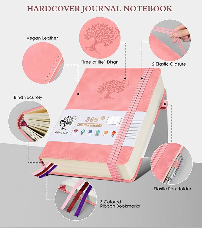 A5 Lined Journal Notebook - 365 Page Leather Journals for Writing Women & Men，Hardcover Notebook with 100Gsm Thick Pages，Daily Diary for Travel, Work，School，Note Taking，College Ruled (5.9" x 8.5")