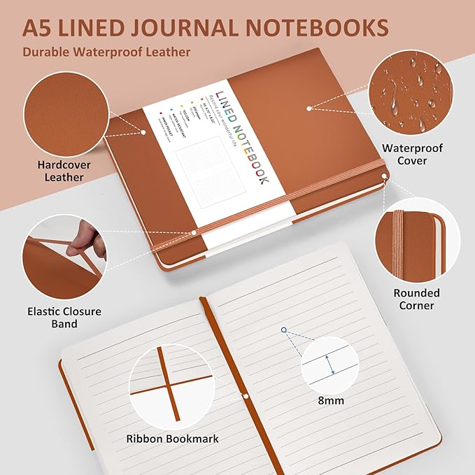 Lined Journal Notebook for Women Men, 200 Pages A5 Hardcover Leather Journals for Writing,Travel,School,Office,Work,Business,College Ruled Notebooks for Note Taking, Diary Notepad 5.7"×8.3"(Brown)