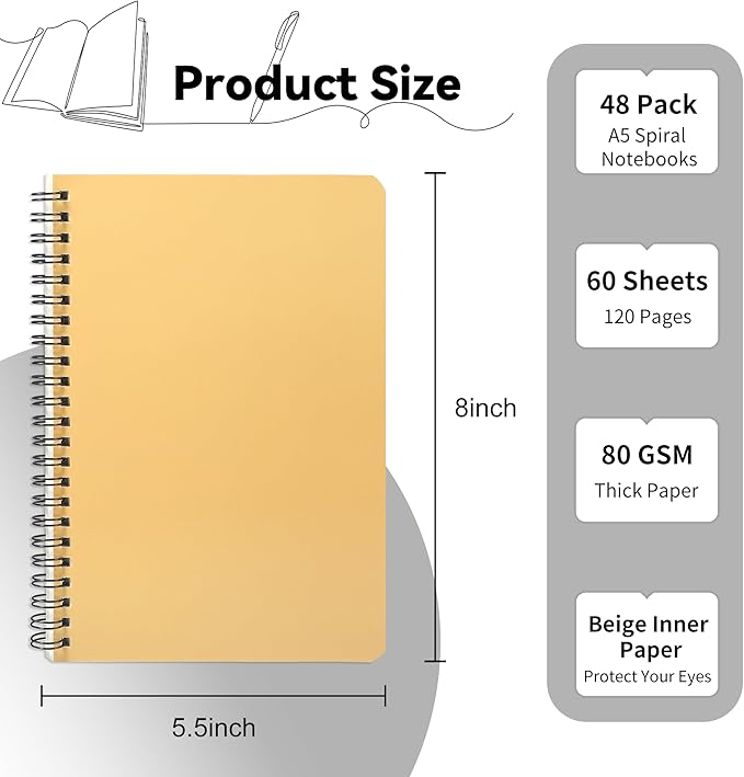 miikoul 48 Pack A5 Spiral Lined Notebooks, 8.3" X 5.5", 60 Sheets/120 Pages Wide Ruled Notebook Spiral Journals Bulk Paper Cover Notepad 12 Colors for Students Taking Class Notes Home Office Gift