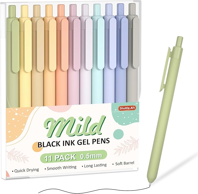 Shuttle Art Retractable Mild Gel Ink Pens - 11 Pack Black Fine Point Pens for Journaling, Taking Notes, School & Office