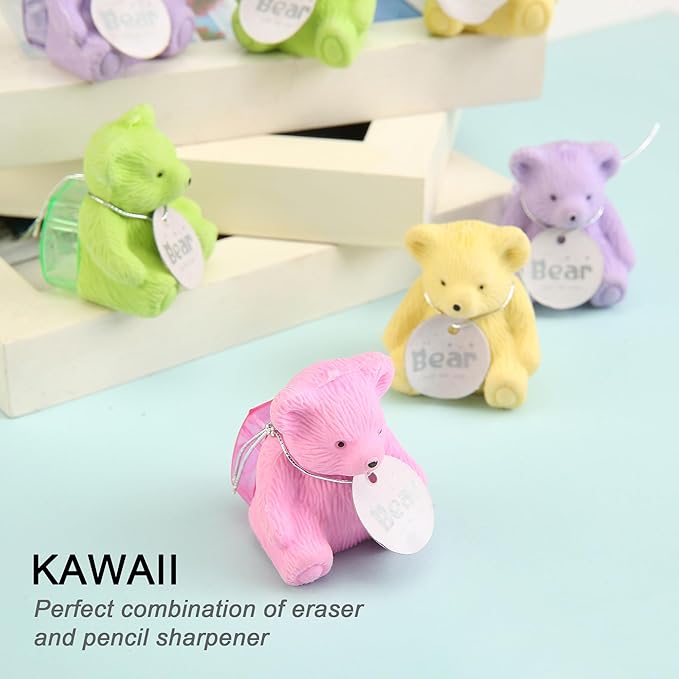 8Pcs Cute Backpack Bear Erasers Desk Pets for Kids, Kawaii Fun Animal Erasers with Pencil Sharpener for School Classroom Supplies Prize Gifts Party Favors