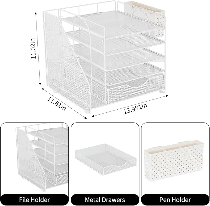 Desk Organizer with Drawer and Pen Holder, 5-Tier Paper Letter Tray Organizer with File Holder, Suitable for Workspace Organizer Office Supplies Storage (White)