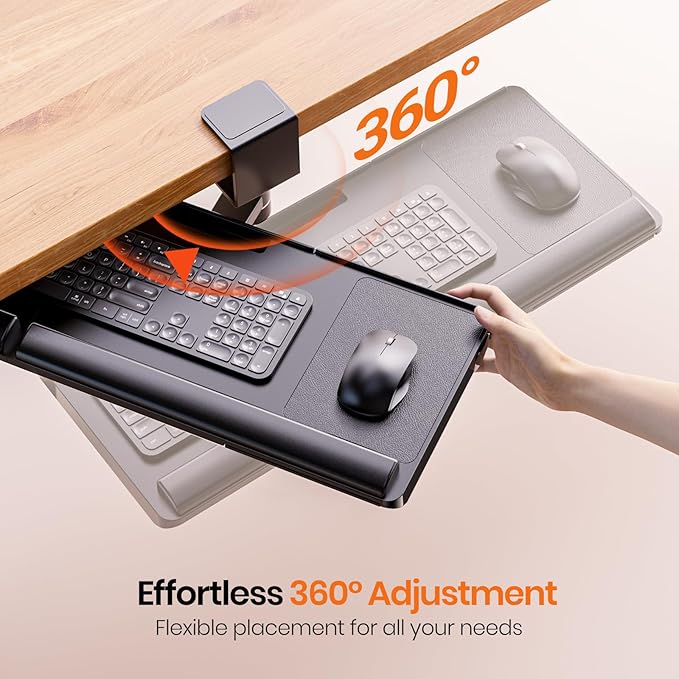Klearlook Keyboard Tray Under Desk with 360° Rotation, Ergonomic Computer Keyboard & Mouse Tray 25"W×11.02"D Sit Stand Desk Keyboard Holder w/Wrist Rest & Storage Drawer (Height is not Adjustable)