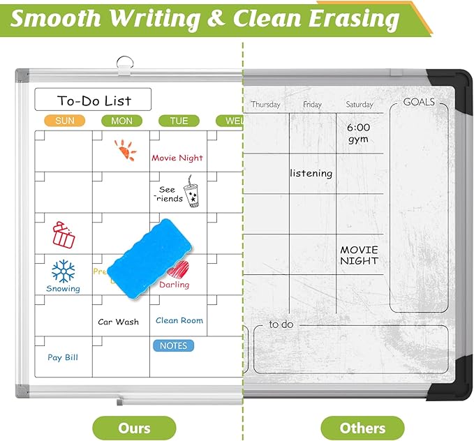 Monthly Calendar Dry Erase Whiteboard for Wall, 36" x 24" Magnetic Dry Erase Board, Hanging Double-Sided White Board, Portable Board for School, Planning, Memo, Home, Office, 2025 Calendar