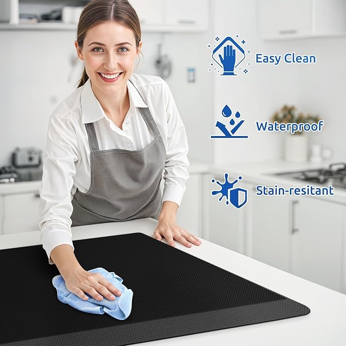 KitchenClouds 2PCS Kitchen Rugs Cushioned Anti-Fatigue Non-Slip Waterproof Kitchen Mat Comfort Foam Standing Mat for Floor Office Sink Laundry (Black)