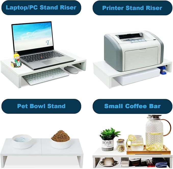 TEAMIX 20 inch White Monitor Stand Riser, Wood Desktop Stand for PC/TV/Laptop/Printer, White Monitor Riser with Storage, Computer Stand with Keyboard Organizer