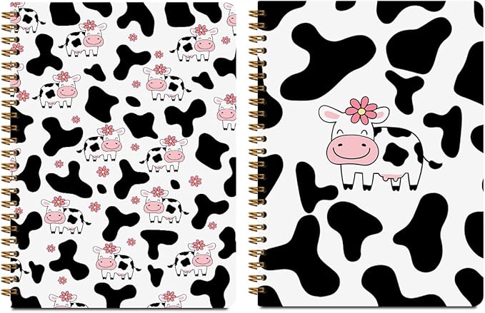2 Pcs Cow Spiral Notebooks for Work, A5(8.3x5.8inch) Composition Notebook College Ruled Note Book, Pink Flowers Hardcover Notepads Diary Lined Travel Journal for Writing, Cute Cow Gifts for Women