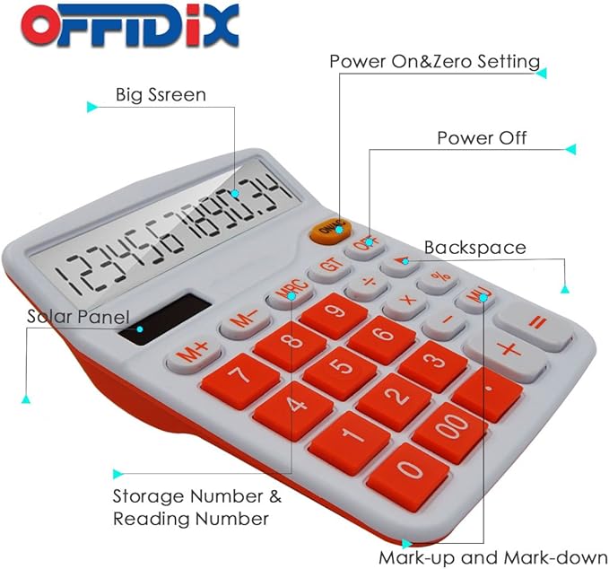OFFIDIX Office Desktop Calculator, Solar and Battery Dual Power Electronic Calculator Portable 12 Digit Large LCD Display Calculator, Orange