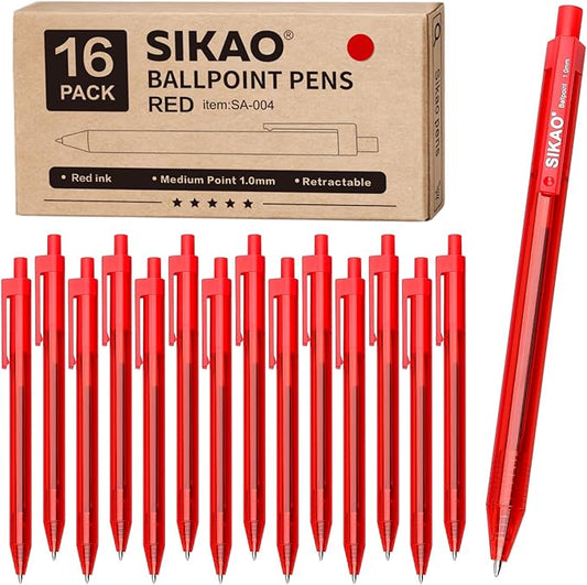 Red Pens | 16 Pack Retractable Ballpoint Pens Multipack | Red Ink Medium Point 1.0mm | Smooth Writing Ball Point Pens | School Office Supplies(Red Ink)