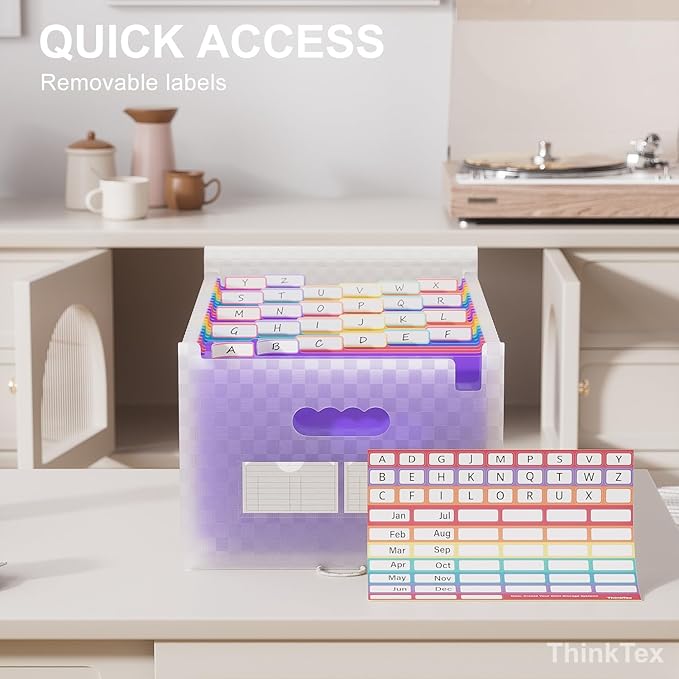 ThinkTex Accordian File Organizer, 26 Pockets Expanding File Folders, Monthly Bill Receipt Documents Organizer, A-Z Colorful Tabs, Letter/A4 Size - Purple