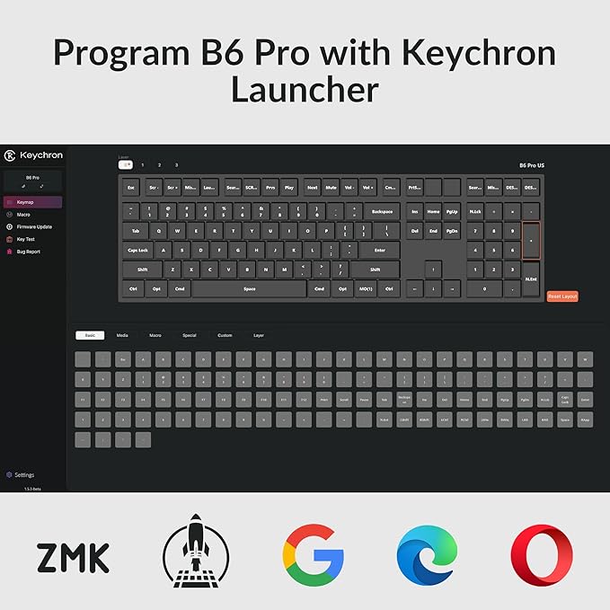 Keychron B6 Pro Ultra-Thin Wireless Keyboard, Full-Size ZMK with Numeric Keypad Quiet Typing, 2.4 GHz/Bluetooth 5.2/Wired Connection Long Battery Life, Compatible with Mac Windows Linux - Space Gray