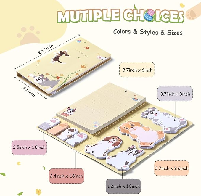 Hommie Cute Sticky Notes, Dog Sticky Notes Set Planner Dividers Self-Stick Notes Pads Animal Divider Tabs Bundle Writing Memo for Dog Lovers Office School Supplies