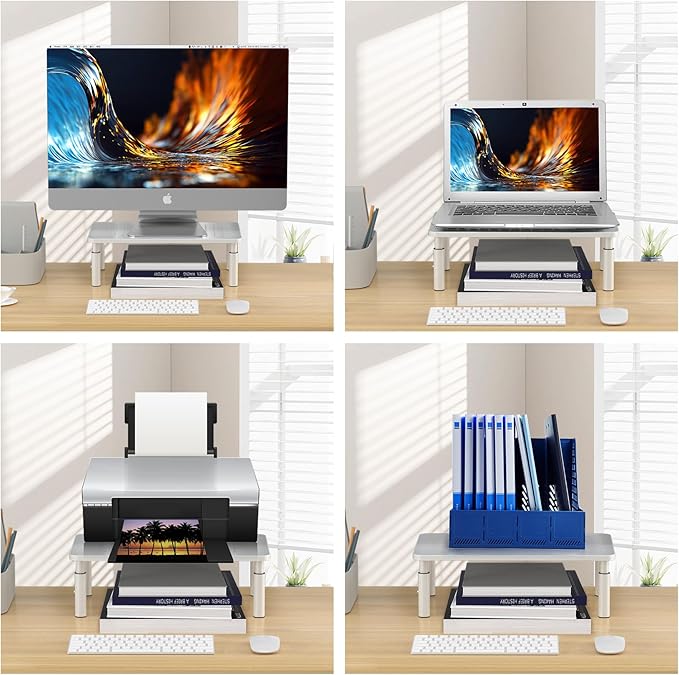 Bracwiser Monitor Stand Riser, Metal Computer Stand, 3 Height Adjustable Screen Riser with Mesh Platform for PS4, Laptop, Printer, Notebook and All Flat Screen, Holds Up to 20KG,White