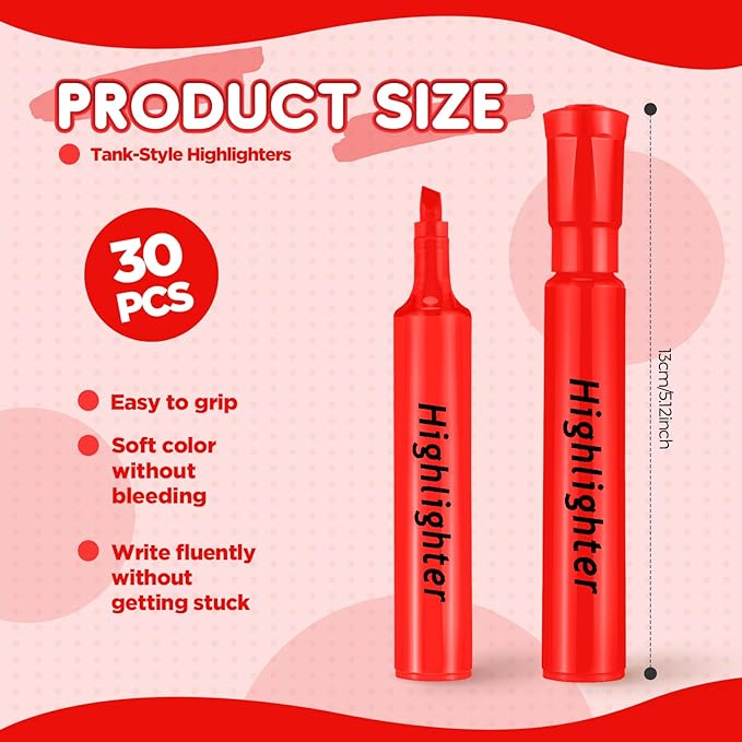 Qilery 30 Pack Highlighters Bulk, Tank Style Chisel Tip Highlighters Markers Quick Drying for Kids and Adult Coloring, Classroom Home Office School Supplies (Red)