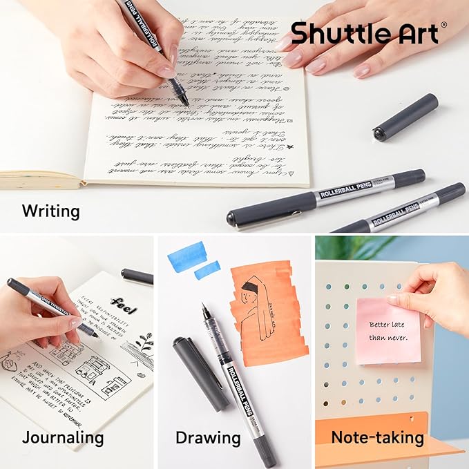 Shuttle Art RollerBall Pens, 25 Pack Black Fine Point Roller Ball Pens, 0.5mm Liquid Ink Pens for Writing Journaling Taking Notes School Office